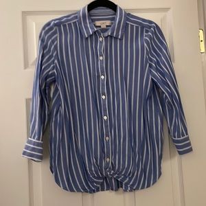 Loft Medium Petite Blue and White Striped Button Down with Tie